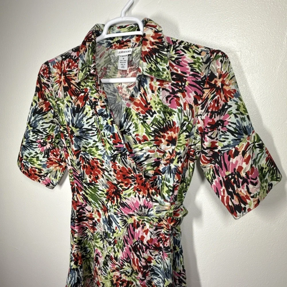 JG Hook Midi Dress Size 10 Linen Faux Wrap Multicolor Abstract Floral Belted - Picture 3 of 16